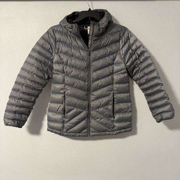 Lolë Gray Duck Down/Feather Quilted Lightweight Hooded Puffer Jacket Coat  L - Picture 1 of 9